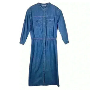 Vtg Womens‎ FADS Denim Button Front Prairie Shirt Dress Band Collar Long Sleeves